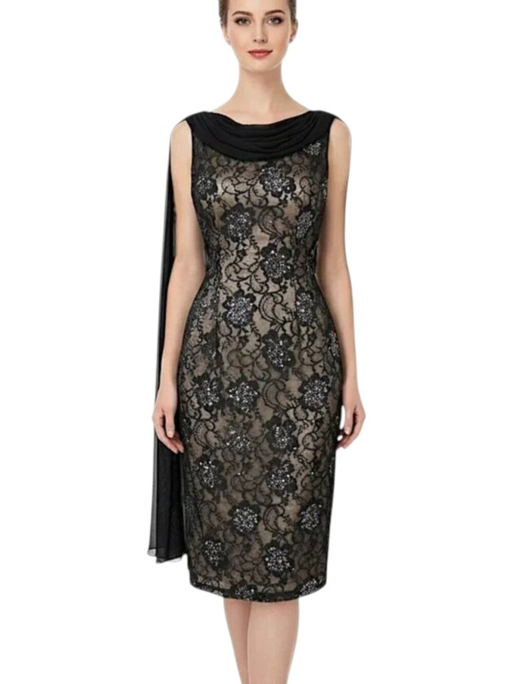 Vintage Black Lace Sequin Floral Draped Scarf Wiggle Sheath Dress Retro 36" Bust